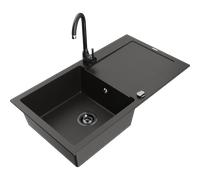 Mexen Leo évier en granit 1 bac avec égouttoir et robinet de cuisine Telma, noir/doré métallique - 6501-75-670200-70-B 17778 5905315013835