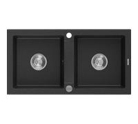 Mexen Mario Évier de cuisine en granit à 2 bacs 820 x 436 mm, noir/métallisé argenté, siphon chromé - 6504822000-73 3568 5907709193956
