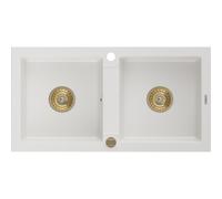 Mexen Mario Évier en granit 2 bacs 820 x 436 mm, blanc, siphon doré - 6504822000-20-G 16145 5905315011558