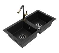 Mexen Mario évier en granit 2 bacs avec robinet de cuisine Flora, noir - 6504-77-670401-57-B 20526 5905315057938