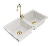 Mexen Mario évier en granit 2 cuves avec robinet de cuisine Telma, blanc - 6504-20-670200-50 6179 5907709189423