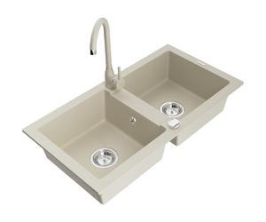 Mexen Mario évier en granit à 2 bacs avec robinet de cuisine Telma, beige - 6504-69-670200-69 6180 5907709189430
