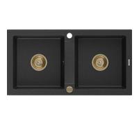 Mexen Mario évier en granit à 2 cuves 820 x 436 mm, noir/argent métallique, siphon doré - 6504822000-73-G 16148 5905315011589