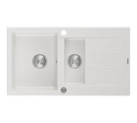 Mexen Matias évier en granit 1,5 bac avec égouttoir 900 x 505 mm, blanc, siphon chromé - 6502901505-20 3544 5907709193758