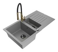 Mexen Matias évier en granit 1,5 bac avec égouttoir et robinet de cuisine Aster, gris - 6502-71-73450-57-B 18633 5905315043092