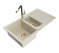 Mexen Matias évier en granit 1,5 bac avec égouttoir et robinet de cuisine Flora, beige - 6502-69-670401-57-G 19785 5905315056573