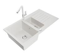 Mexen Matias Évier en granit 1,5 bac avec égouttoir et robinet de cuisine Flora, blanc - 6502-20-670401-02 19774 5905315056467