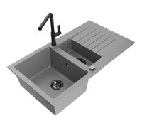 Mexen Matias évier en granit 1,5 bac avec égouttoir et robinet de cuisine Flora, gris - 6502-71-670401-70-B 19794 5905315056665