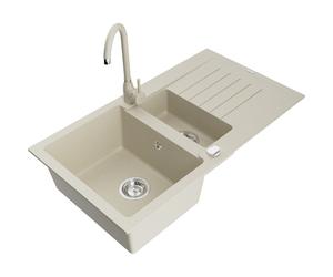 Mexen Matias évier en granit 1,5 bac avec égouttoir et robinet de cuisine Telma, beige - 6502-69-670200-69 6150 5907709189133