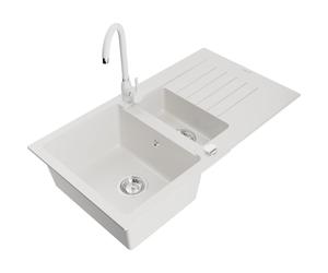 Mexen Matias évier en granit 1,5 bac avec égouttoir et robinet de cuisine Telma, blanc - 6502-20-670200-20 6148 5907709189119