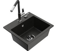 Mexen Milo évier en granit 1-bac avec robinet de cuisine Flora, noir/doré métallisé - 6505-75-670401-07-B 20558 5905315058256