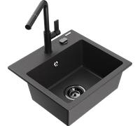 Mexen Milo évier en granit à 1 bac avec robinet de cuisine Flora, noir moucheté - 6505-76-670401-70-B 20569 5905315058362