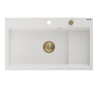 Mexen Omar évier de cuisine en granit 1 bac 800 x 480 mm, blanc, siphon doré - 6520801005-20-G 31100 5905315236326