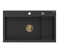 Mexen Omar évier en granit 1 bac 800 x 480 mm, noir/argent métallisé, siphon doré - 6520801005-73-G 31113 5905315236357
