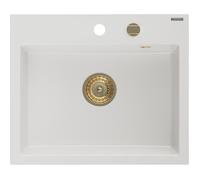 Mexen Oscar évier en granit 1 bac 580 x 490 mm, blanc, siphon doré - 6519581000-20-G
