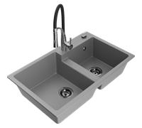 Mexen Tomas évier de cuisine en granit à 2 bacs avec robinet de cuisine Aster, gris - 6516-71-73450-07-B 19337 5905315048110