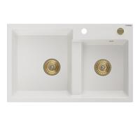 Mexen Tomas Évier en granit 2 bacs 800 x 500 mm, blanc, siphon doré - 6516802000-20-G 16232 5905315012326