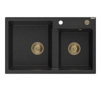 Mexen Tomas évier en granit 2 bacs 800 x 500 mm, noir/argent métallisé, siphon doré - 6516802000-73-G 16236 5905315012357