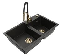 Mexen Tomas Évier en granit 2 bacs avec robinet de cuisine Aster, noir/or métallisé - 6516-75-73450-57-G 19348 5905315048240
