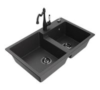 Mexen Tomas évier en granit 2 bacs avec robinet de cuisine Carla, noir moucheté - 6516-76-670700-70-B 18678 5905315041791