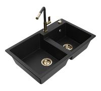 Mexen Tomas évier en granit 2 bacs avec robinet de cuisine Flora, noir - 6516-77-670401-57-G 21109 5905315062925