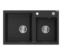 Mexen Tomas évier en granit à 2 bacs 800 x 500 mm, noir/métallisé argent, siphon chromé - 6516802000-73 16104 5905315052216