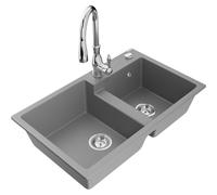 Mexen Tomas évier en granit à 2 bacs avec robinet de cuisine Savita, gris - 6516-71-672601-00 18029 5905315036483