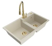 Mexen Tomas évier en granit deux cuves avec robinet de cuisine Savita, beige - 6516-69-672601-50 18025 5905315036469