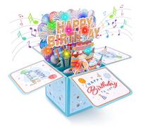 Mexgcom 3D Carte Anniversaire Musicales et Lumineuses Amusantes, Boîte 3D Tridimensionnelle avec des Lumières Flash Colorées Souhaits D'anniversaire, Carte de Félicitations avec Enveloppe (Bleu)