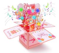 Mexgcom 3D Carte Anniversaire Musicales et Lumineuses Amusantes, Boîte 3D Tridimensionnelle avec des Lumières Flash Colorées Souhaits D'anniversaire, Carte de Félicitations avec Enveloppe (Rose)