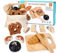 Mexgcom Jouets à Pain Bois BéBé, Jouets de Cuisine CoupéS du Pain en Bois, Jouez des Accessoires de Cuisine en Jeu Petit-DéJeuner avec Connexion Velcro, Cuisine pour Enfants Jeu 3 4 5 Ans