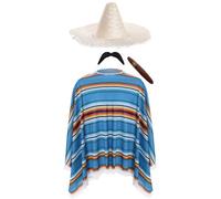 mexicain Homme Déguisement Western Bandit Wild West Rouge Bleu et Vert Poncho + Moustache + cigare + Sombrero - adultes Taille unique Compatible avec la plupart des, naturel, Taille unique