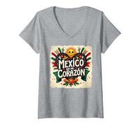 Mexico en Mi Corazon Viva Mexico Tête de Mort Festive Soleil Femme T-Shirt avec Col en V, Femme, Gris Chiné, XXL