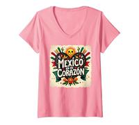 Mexico en Mi Corazon Viva Mexico Tête de Mort Festive Soleil Femme T-Shirt avec Col en V, Femme, Rose, M
