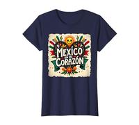 Mexico en Mi Corazon Viva Mexico Tête de Mort Festive Soleil Femme T-Shirt, Femme, Bleu Marine, 3XL