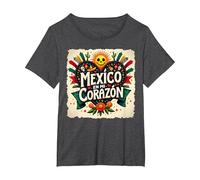 Mexico en Mi Corazon Viva Mexico Tête de Mort Festive Soleil Femme T-Shirt, Femme Grandes Tailles, Chiné Foncé, 1X