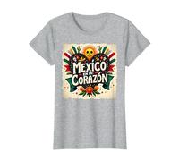 Mexico en Mi Corazon Viva Mexico Tête de Mort Festive Soleil Femme T-Shirt, Femme, Gris Chiné, XL