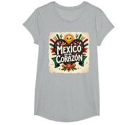 Mexico en Mi Corazon Viva Mexico Tête de Mort Festive Soleil Femme T-Shirt, Fille, Gris Chiné, M