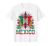 Mexique Papillon Floral Art Populaire Mexicain T-Shirt Graphique avec Valeur, Homme, Blanc, S