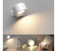 Mexllex Applique Murale Intérieure, Applique Murale avec Chargement USB, 3 Couleurs et 3 Niveaux de Luminosité LED Intérieur Rotatif 360° Touch Control Appliques Murales Sans Fil (Blanc)
