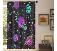 Mexpekil 1 panneau de rideau transparent coloré avec motif planètes fluo et étoiles, voilage semi-transparent avec passe-tringle pour salon, chambre à coucher, bureau, 140 x 213,4 cm de hauteur (140 x