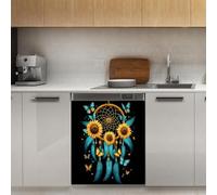 Mexpekil Aimant de lave-vaisselle avec plumes turquoises et tournesols - 53,3 x 66 cm - Autocollant décoratif pour porte d'entrée - Panneau magnétique étanche