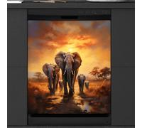 Mexpekil Aimant de lave-vaisselle motif famille éléphant sur coucher de soleil 53,3 x 66 cm, autocollant décoratif étanche pour lave-vaisselle pour appareils de cuisine