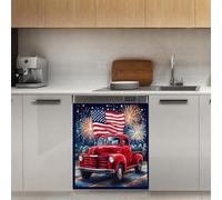 Mexpekil Autocollant magnétique pour lave-vaisselle avec drapeau rouge et feu d'artifice - 53,3 x 66 cm - Autocollant décoratif pour porte d'entrée - Panneau magnétique imperméable