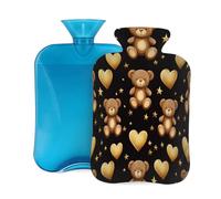 Mexpekil Bouillotte avec housse en flanelle douce de 2 L - Grande bouillotte pour soulager la douleur - Mains chaudes, pieds et corps - Cadeau idéal pour adultes et enfants (étoiles dorées, ours, cœur