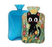 Mexpekil Bouillotte avec housse en flanelle douce de 2 L - Grande bouillotte pour soulager la douleur - Mains chaudes, pieds et corps - Cadeau idéal pour adultes et enfants - Motif chat noir mignon et