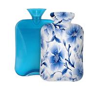 Mexpekil Bouillotte avec housse en flanelle douce de 2 L - Grande bouillotte pour soulager la douleur - Mains chaudes, pieds et corps - Cadeau idéal pour adultes et enfants (fleur de cerisier bleu)