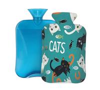 Mexpekil Bouillotte avec housse en flanelle douce de 2 L - Grande bouillotte pour soulager la douleur - Mains chaudes, pieds et corps - Cadeau idéal pour adultes et enfants - Motif chats noirs et