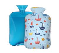 Mexpekil Bouillotte avec housse en flanelle douce de 2 L - Grande bouillotte pour soulager la douleur - Mains chaudes, pieds et corps - Cadeau idéal pour adultes et enfants - Motif bateaux et poissons