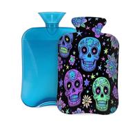 Mexpekil Bouillotte avec housse en flanelle douce de 2 L - Grande bouillotte pour soulager la douleur - Mains chaudes, pieds et corps - Cadeau idéal pour adultes et enfants - Motif tête de mort et